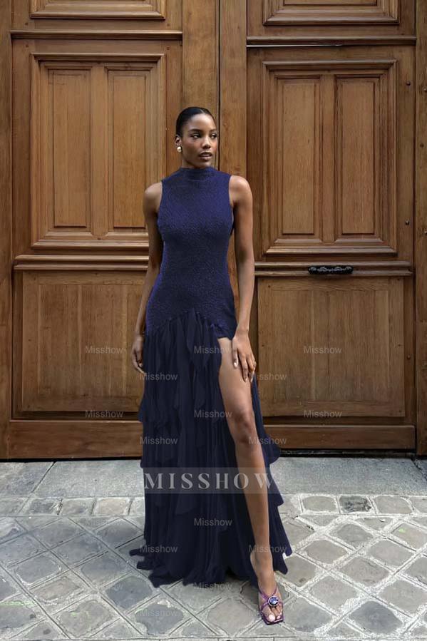 High Neck Sleeveless Long Mermaid Formal Dress With Split Ruffles