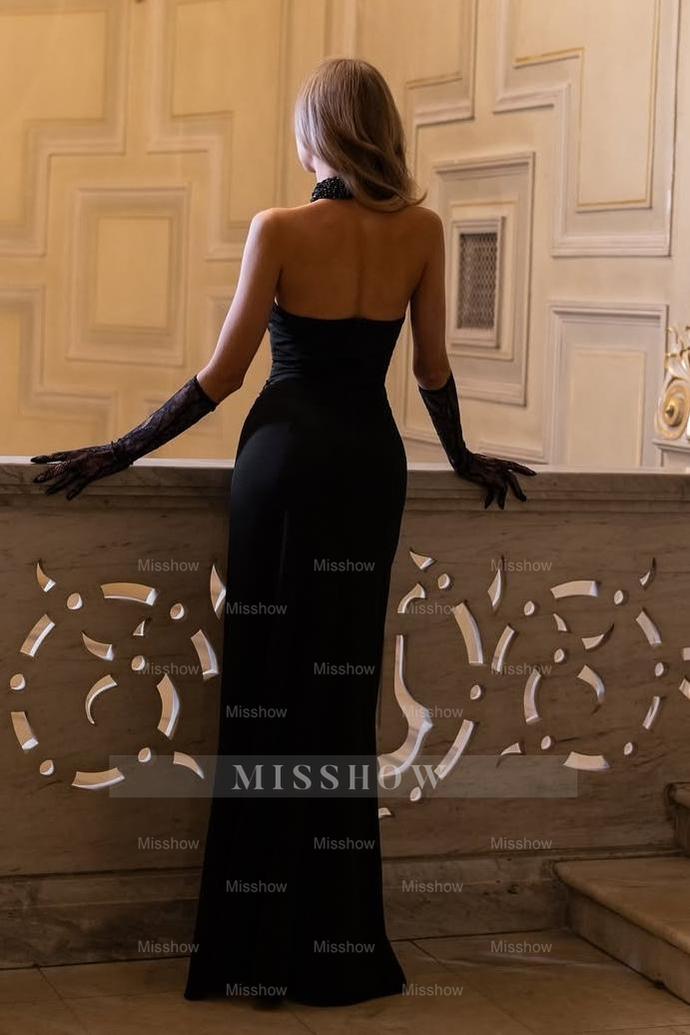 High Neck Sleeveless Mermaid Split Long Formal Dress With Gloves