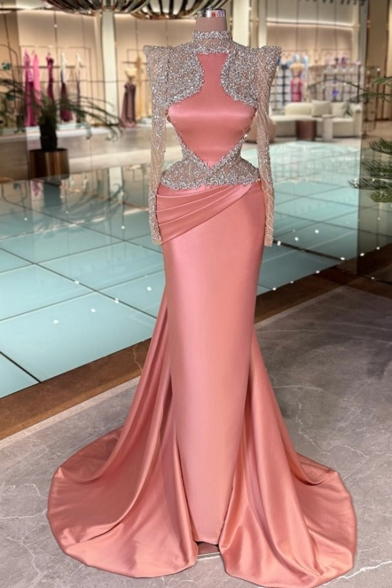 High Neck Structured Shoulder Crystal Lace Illusion Long Sleeve Cutout Waist Coral Satin Diagonal Ruched Mermaid Evening Dress