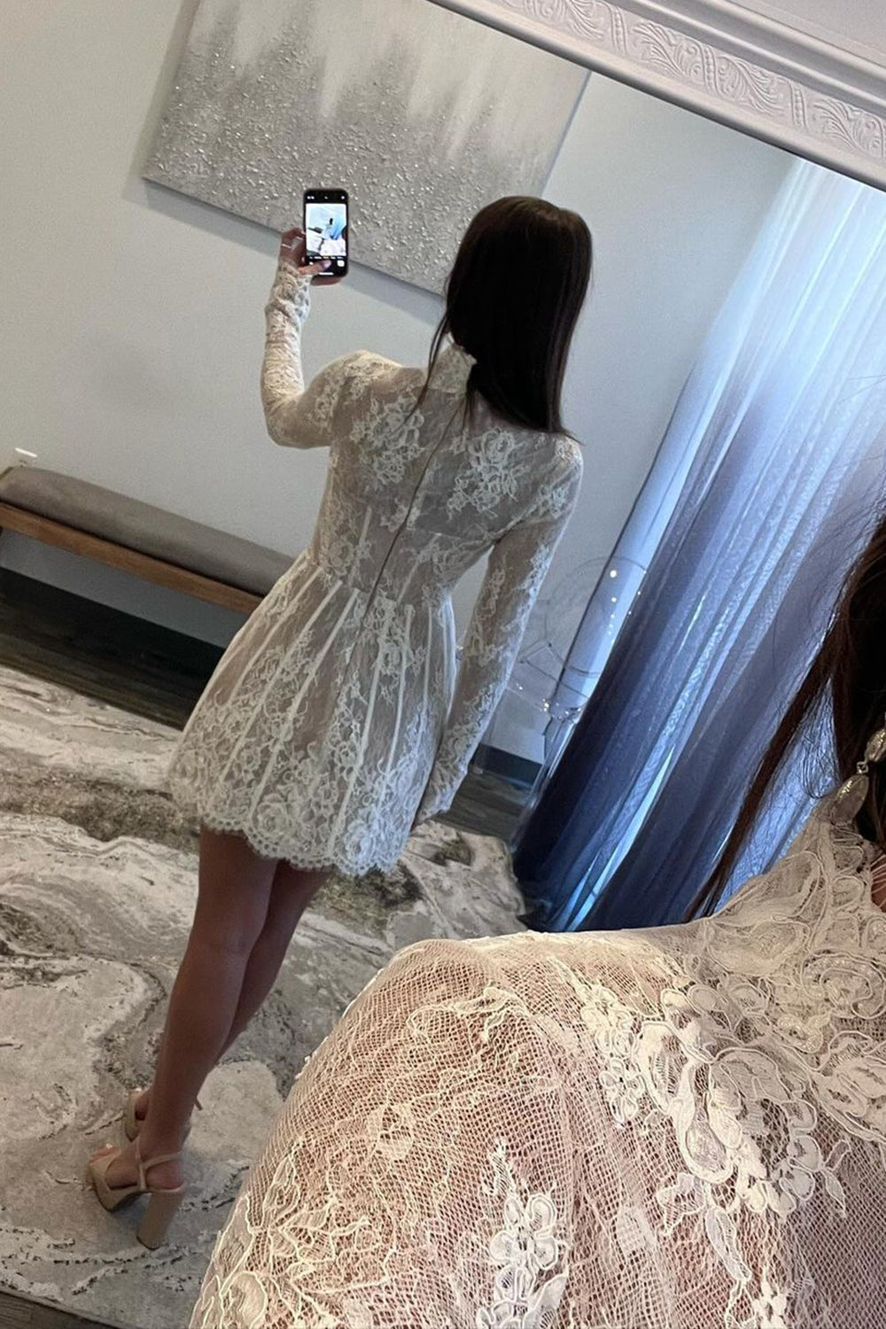 High-Neck White Lace Corset Mini Dress with Elegant Long Sleeves for Homecoming High-Neck White Lace Corset Mini Dress with Elegant Long Sleeves for Homecoming