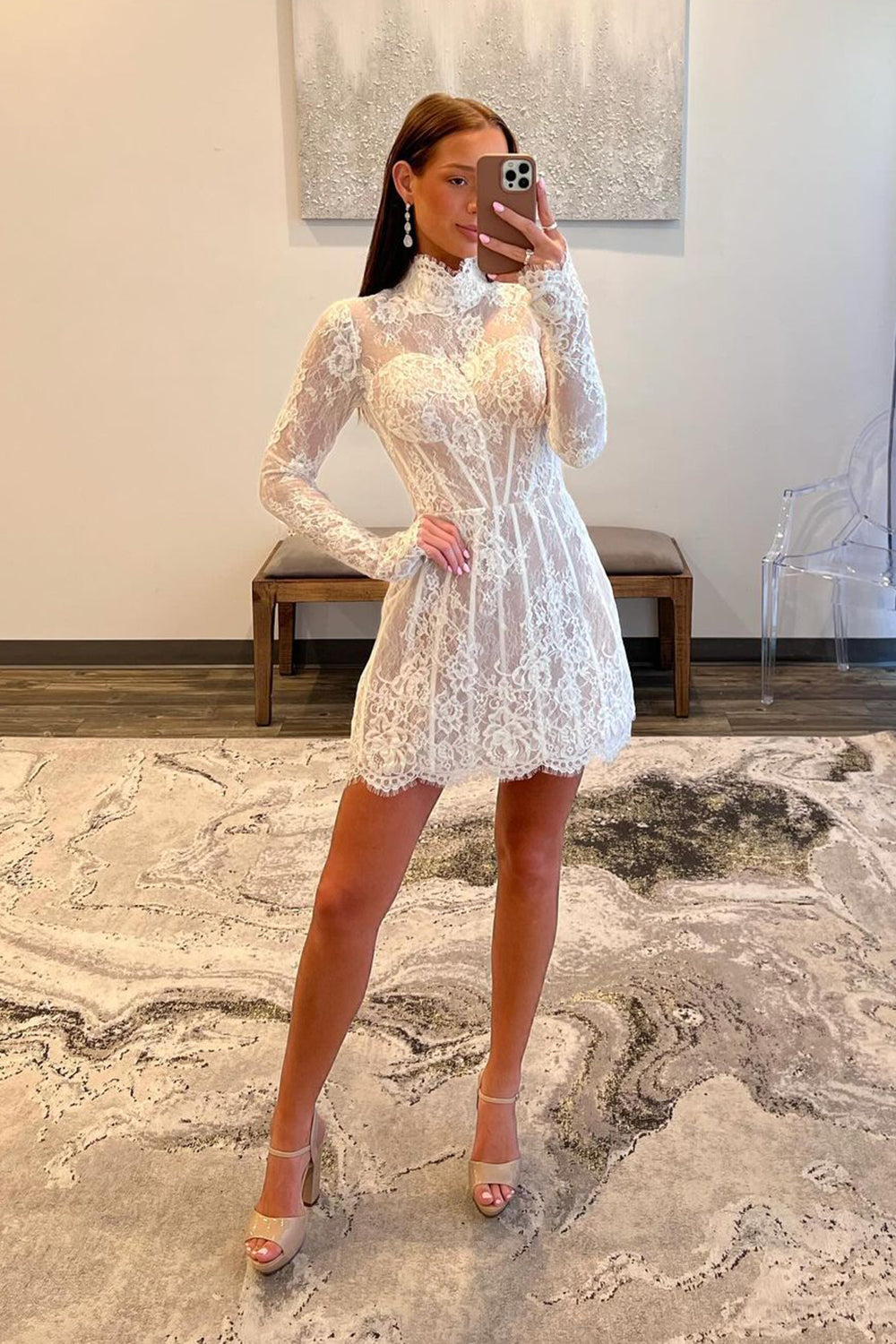 High-Neck White Lace Corset Mini Dress with Elegant Long Sleeves for Homecoming misshow.com High-Neck White Lace Corset Mini Dress with Elegant Long Sleeves for Homecoming misshow.com