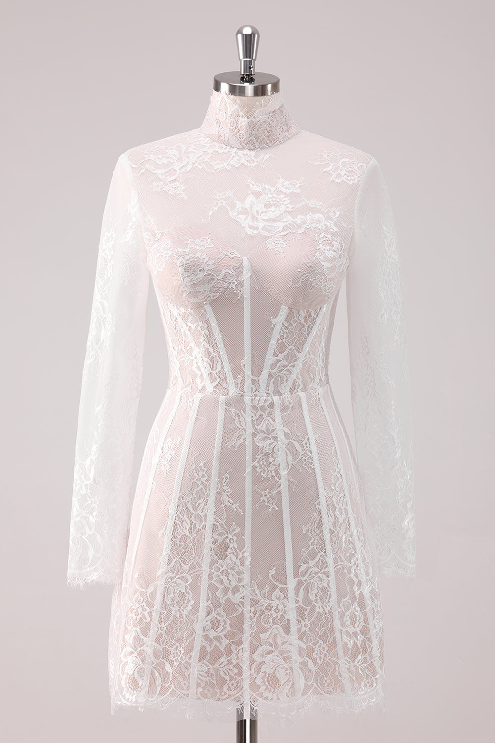 High-Neck White Lace Corset Mini Dress with Elegant Long Sleeves for Homecoming misshow.com High-Neck White Lace Corset Mini Dress with Elegant Long Sleeves for Homecoming misshow.com