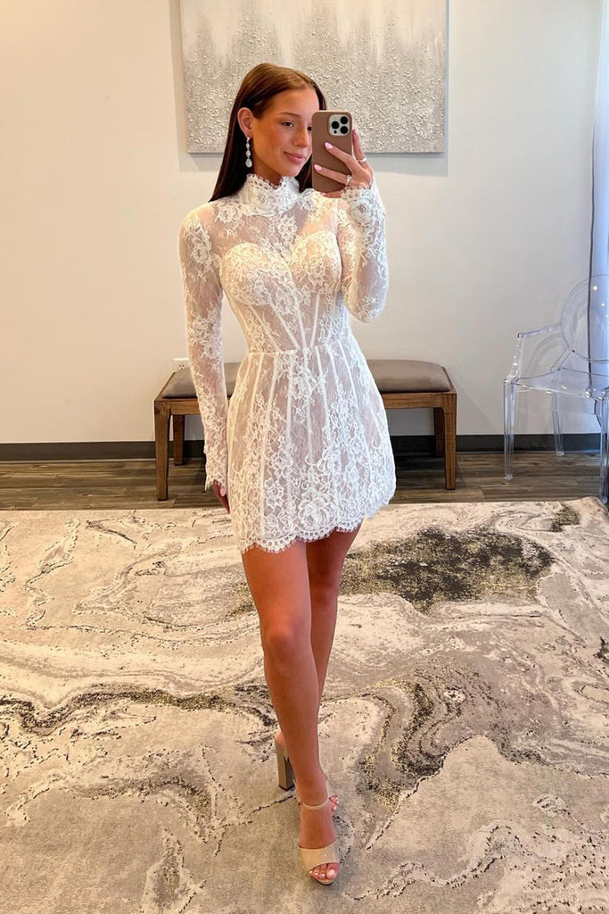 long sleeve lace corset mini dress in ivory boohoo Women's Lace High Neck Corset Mini Dress