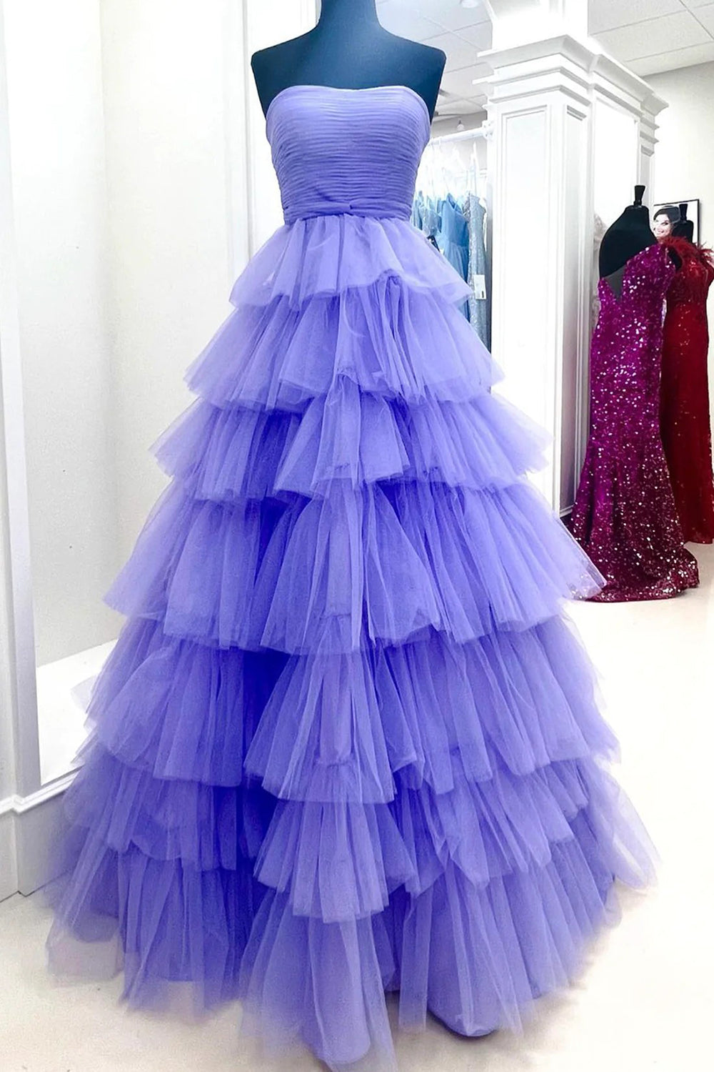 Hot pink strapless ruffled A-line prom dress