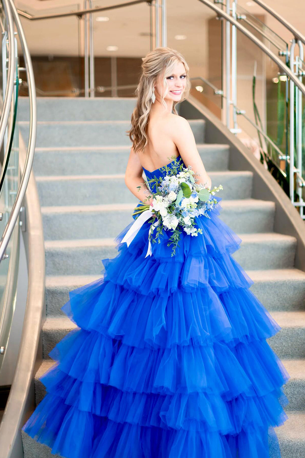 Royal blue strapless ruffled A-line prom dress