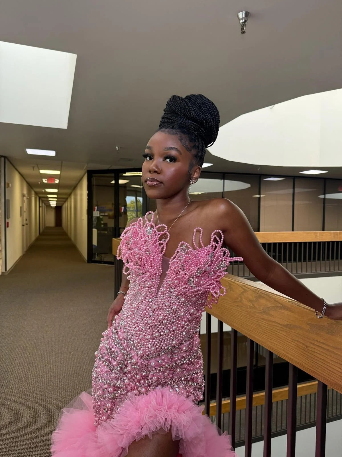 Hot Pink Mermaid Prom Dress Strapless Pearl Crystal Rhinestone Beaded Bodice 3D Sculptural Pearl Tendril Feather Tulle Ruffle Hi-Lo Skirt Gown