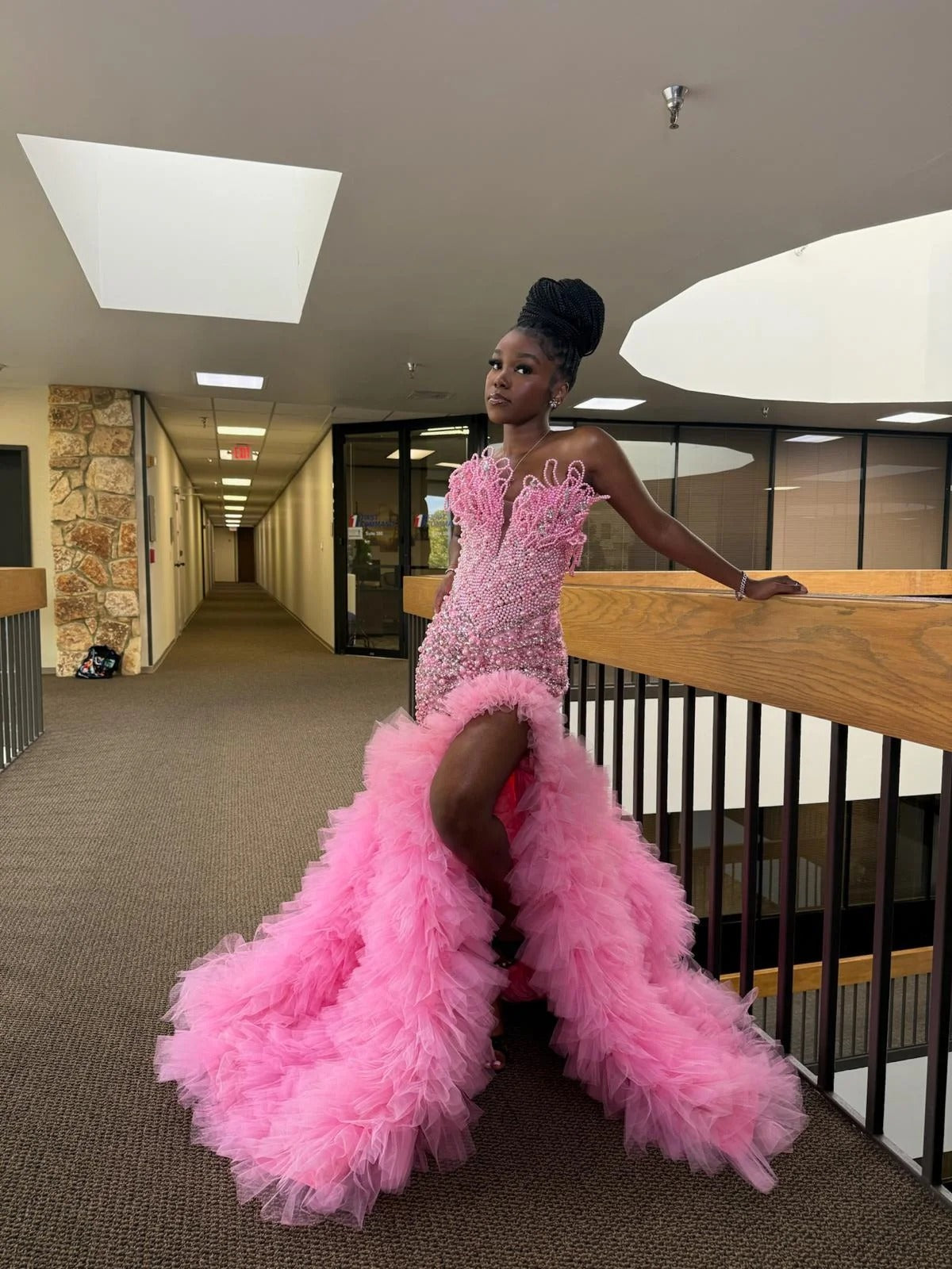 Hot Pink Mermaid Prom Dress Strapless Pearl Crystal Rhinestone Beaded Bodice 3D Sculptural Pearl Tendril Feather Tulle Ruffle Hi-Lo Skirt Gown