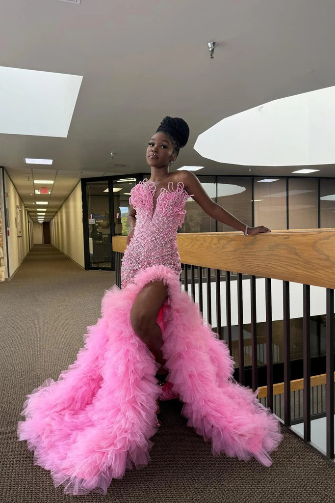 Hot Pink Mermaid Prom Dress Strapless Pearl Crystal Beaded 3D Sculptural Tendril Feather Tulle Ruffle Hi-Lo | Misshow misshow.com Hot Pink Mermaid Prom Dress Strapless Pearl Crystal Beaded 3D Sculptural Tendril Feather Tulle Ruffle Hi-Lo | Misshow misshow.com