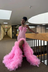 Hot Pink Mermaid Prom Dress Strapless Pearl Crystal Rhinestone Beaded Bodice 3D Sculptural Pearl Tendril Feather Tulle Ruffle Hi-Lo Skirt Gown