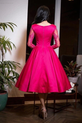 Hot Pink Satin A-Line Cocktail Dress Deep V-Neck Lace Long Sleeves Tea Length Party Gown