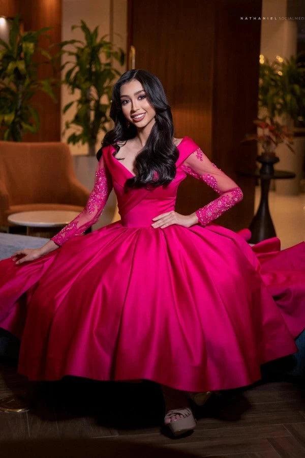 Hot Pink Satin A-Line Cocktail Dress Deep V-Neck Lace Long Sleeves Tea Length Party Gown