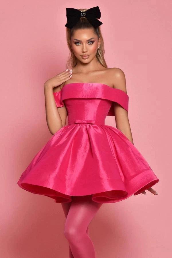 Hot Pink Satin Off Shoulder Mini Dress Bow Waist Tiered Ball Gown Skirt Barbie Homecoming Party Gown