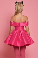 Hot Pink Satin Off Shoulder Mini Dress Bow Waist Tiered Ball Gown Skirt Barbie Homecoming Party Gown