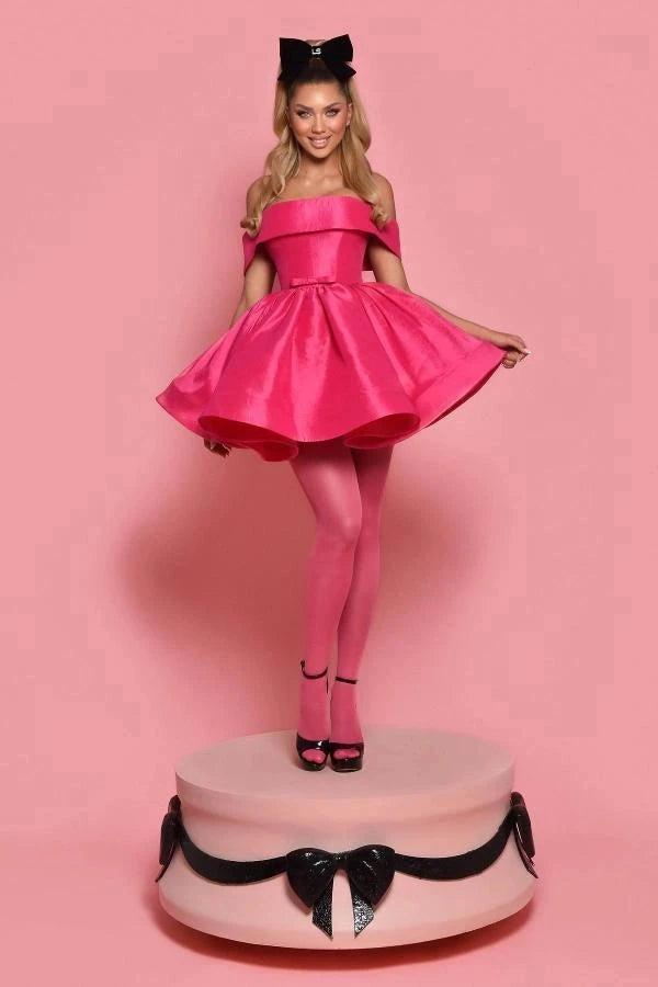 Hot Pink Satin Off Shoulder Mini Dress Bow Waist Tiered Ball Gown Skirt Barbie Homecoming Party Gown