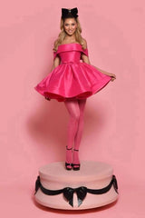 Hot Pink Satin Off Shoulder Mini Dress Bow Waist Tiered Ball Gown Skirt Barbie Homecoming Party Gown