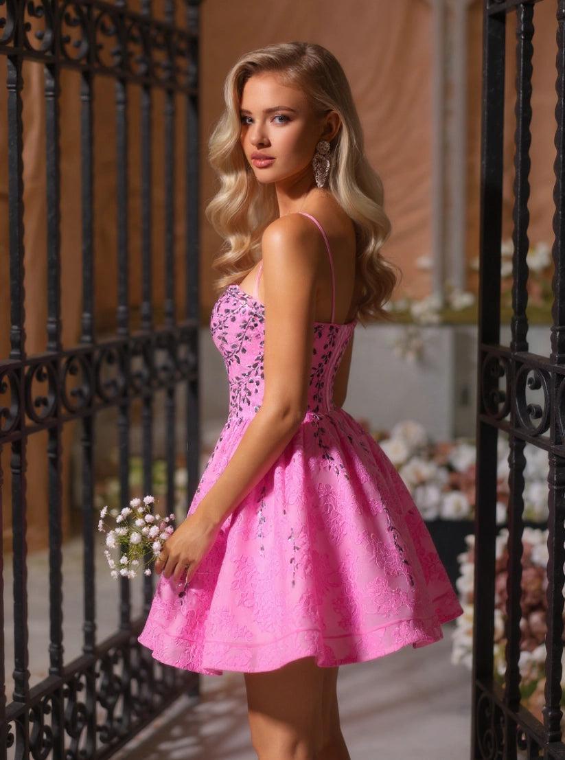 Hot Pink Short Homecoming Dress Spaghetti Straps Sweetheart Illusion Boned Corset Purple Crystal Vine
