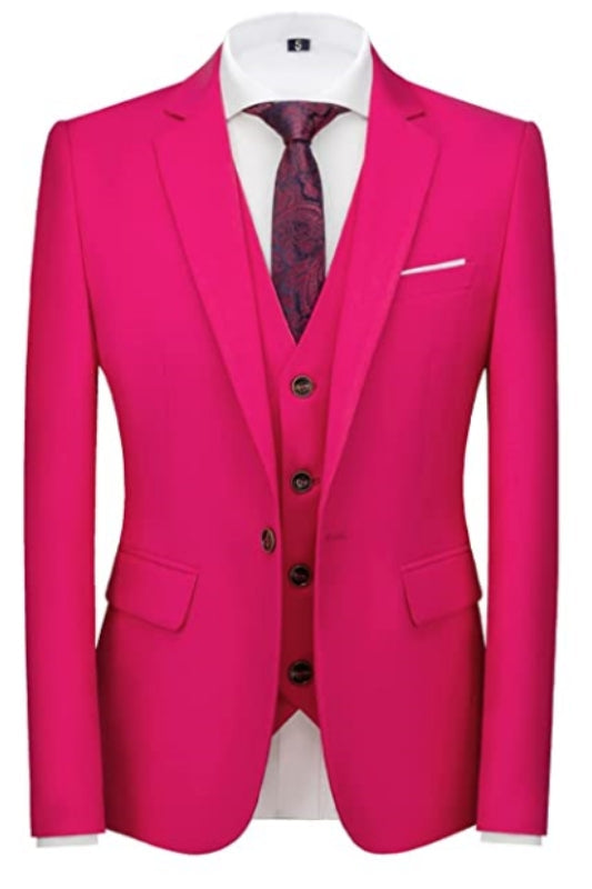 Hot Pink Slim Fit Three-Piece Notched Lapel Prom Suit For Men