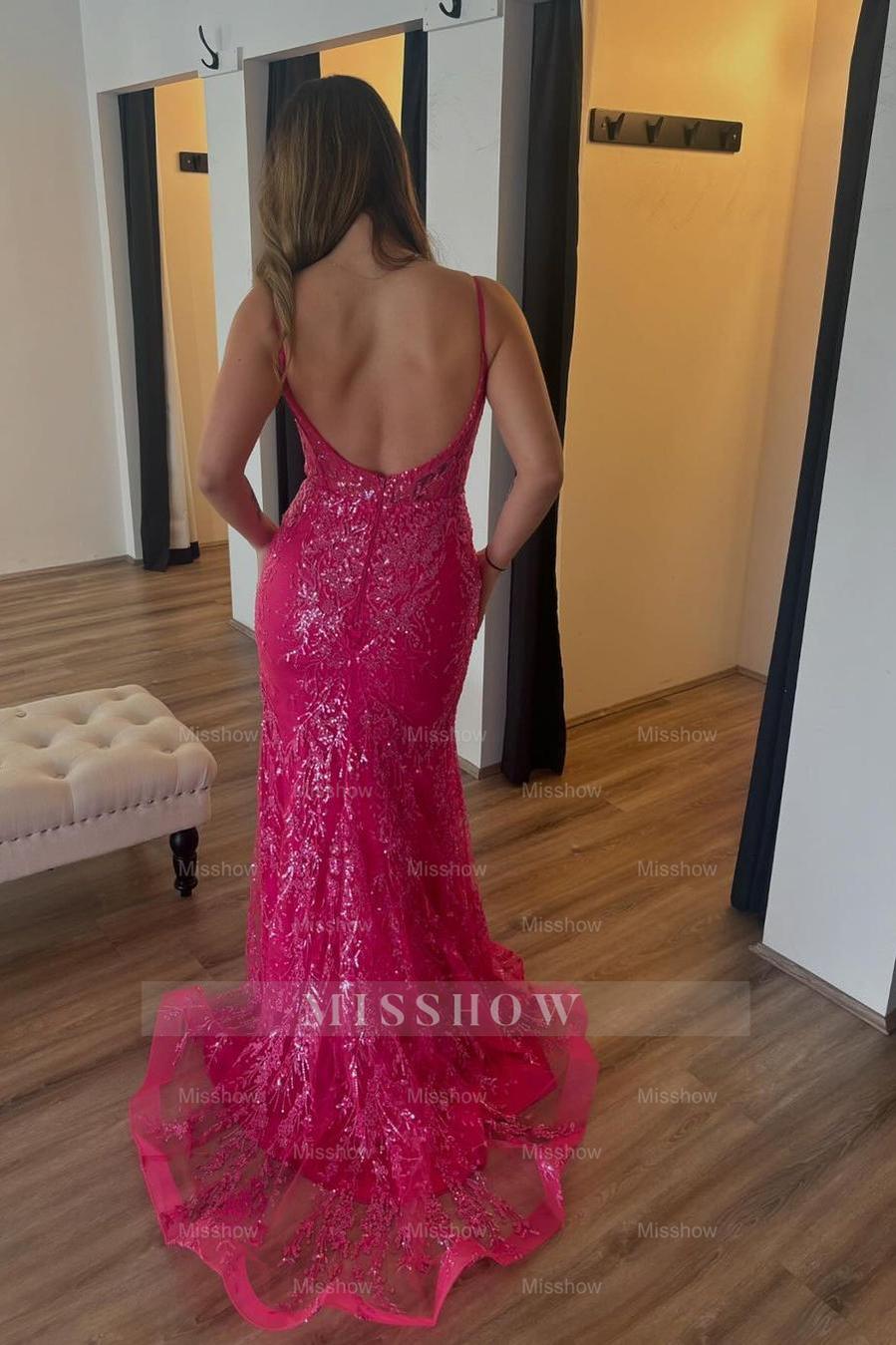 Hot Pink Spaghetti Strap Sleeveless Sequined Mermaid Lace Appliques Formal Evening Gown