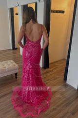 Hot Pink Spaghetti Strap Sleeveless Sequined Mermaid Lace Appliques Formal Evening Gown