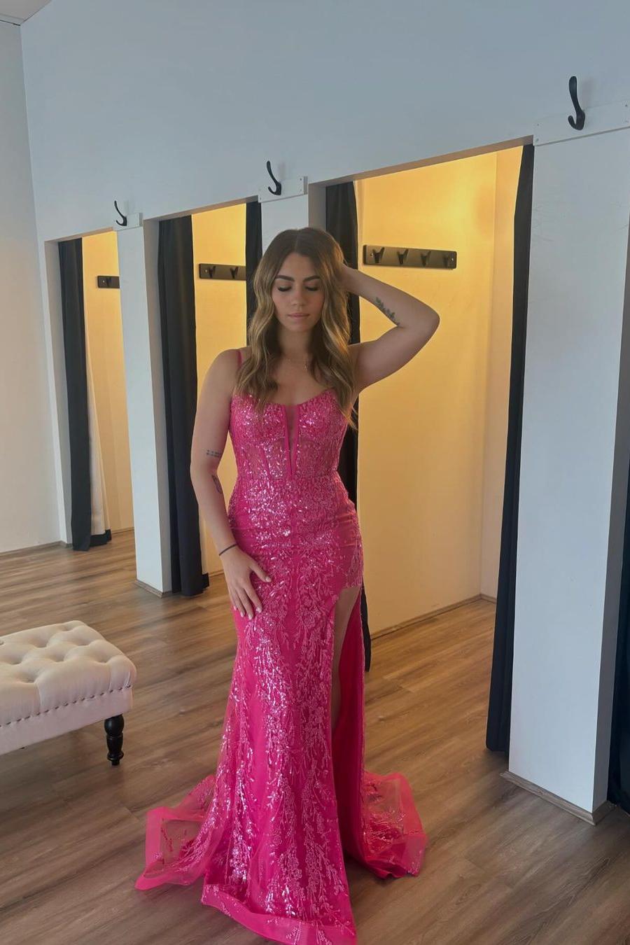 Hot Pink Spaghetti Strap Sleeveless Sequined Mermaid Lace Appliques Formal Evening Gown