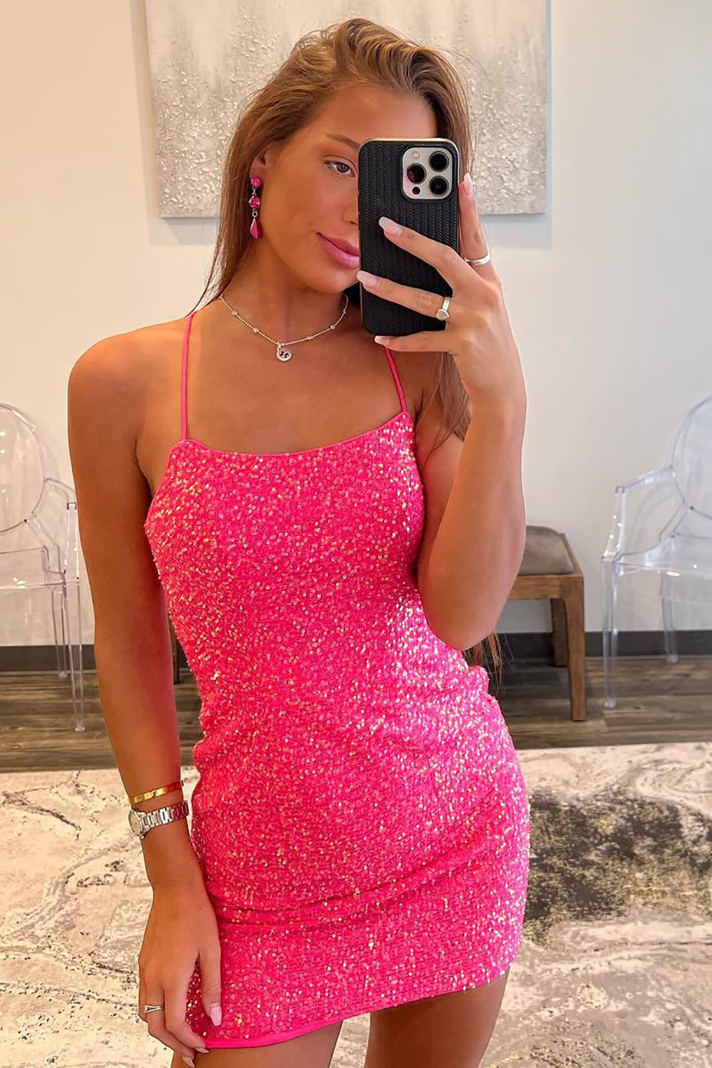 Hot Pink Spaghetti Straps Scoop Neck All-Over Sequin Lace-Up Back Bodycon Homecoming Dress Mini