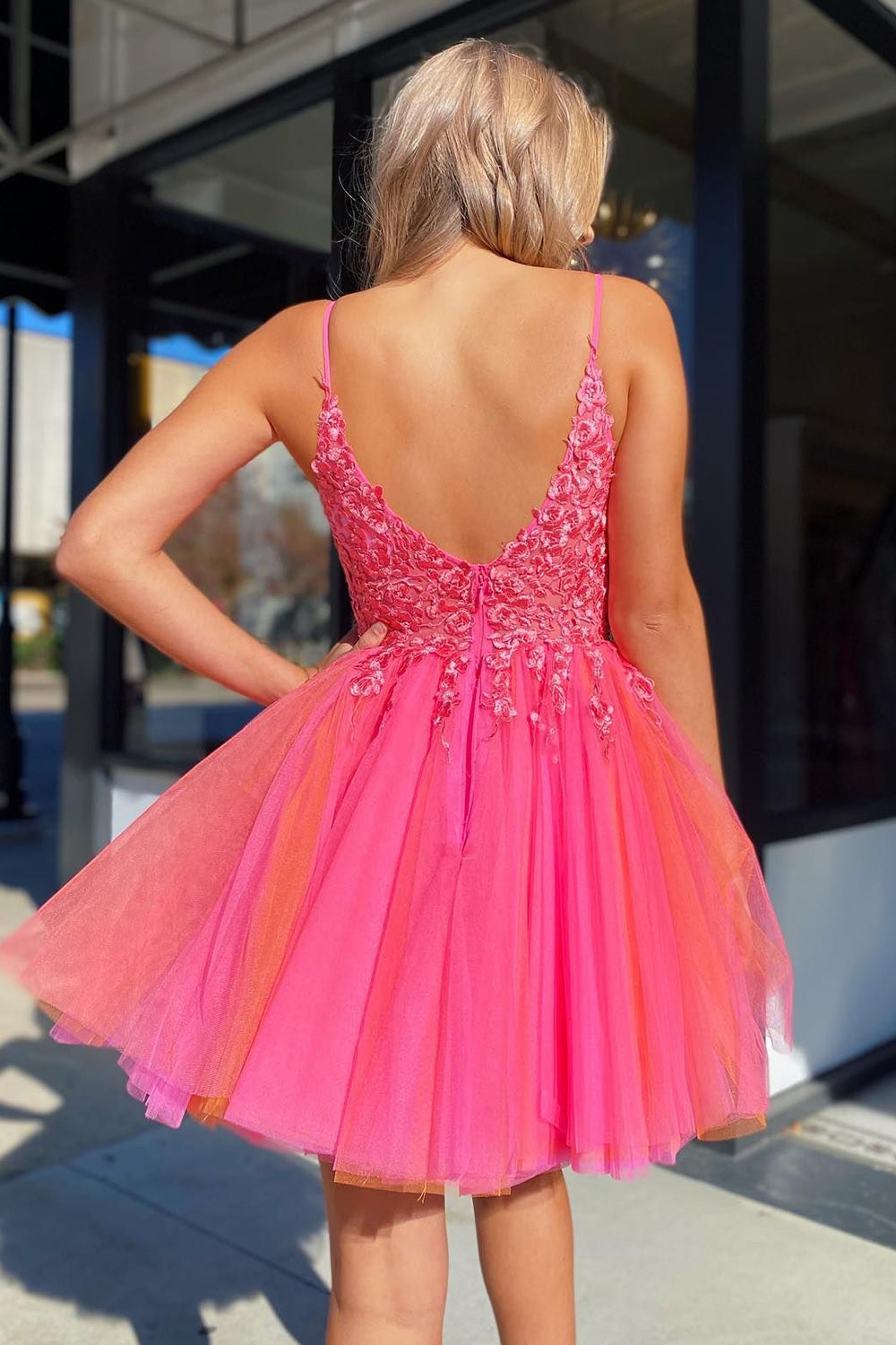 Hot Pink Sweetheart Spaghetti Straps 3D Floral Lace Appliqués Bodice Layered Tulle A-Line Homecoming Dress Mini