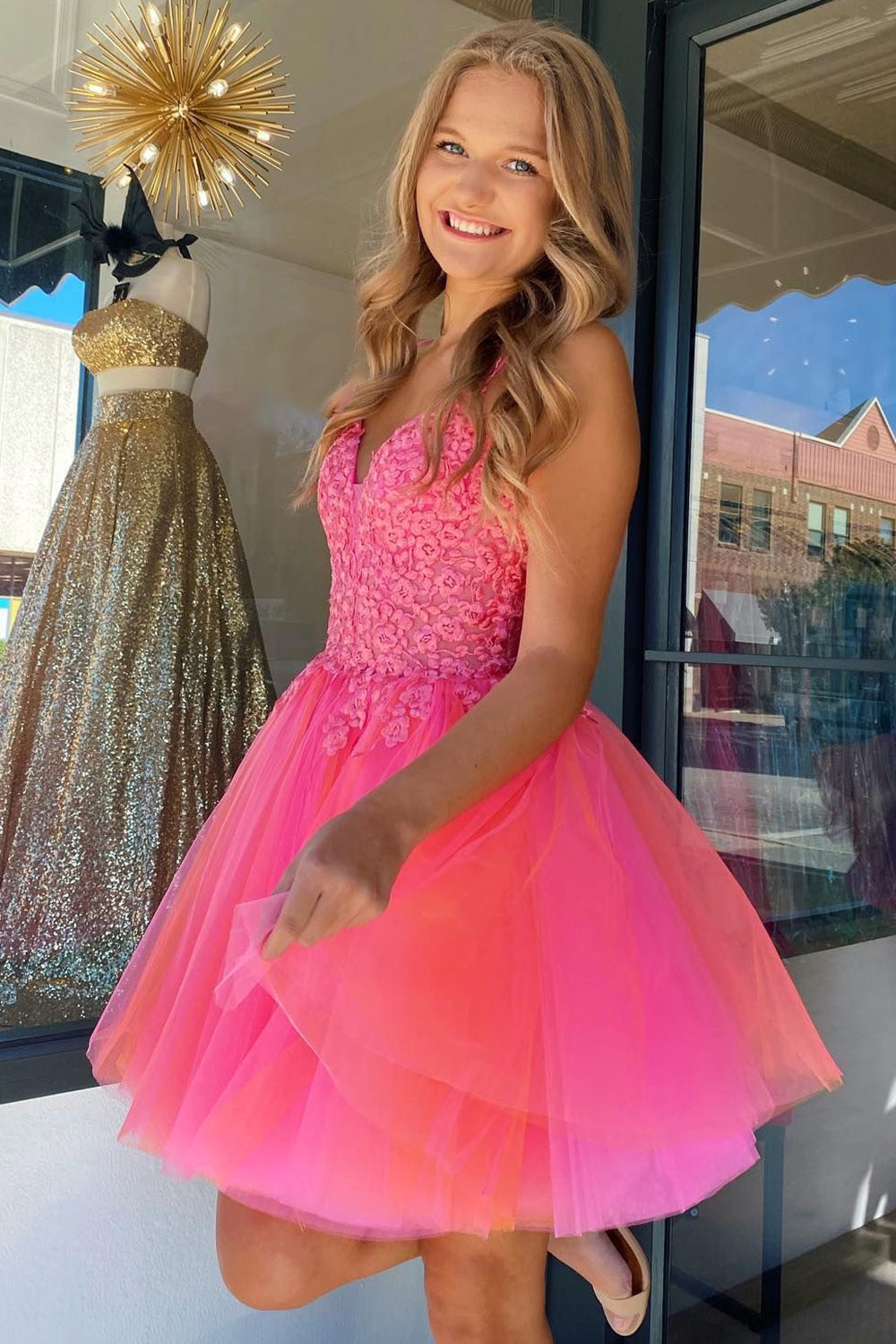 Hot Pink Sweetheart Spaghetti Straps 3D Floral Lace Appliqués Bodice Layered Tulle A-Line Homecoming Dress Mini