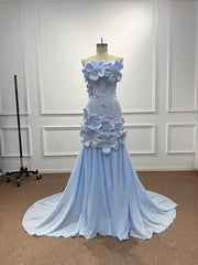 Strapless 3D Flower Applique Rhinestone Column Formal Evening Dress Floor Length