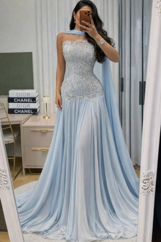 Ice Blue Crystal Beaded Lace Strapless Mermaid Evening Dress Cape Sleeves Chiffon Shoulder Drape Formal Gown with Train