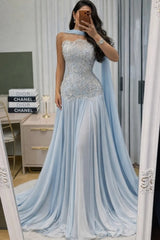 Ice Blue Crystal Beaded Lace Strapless Mermaid Evening Dress Cape Sleeves Chiffon Shoulder Drape Formal Gown with Train