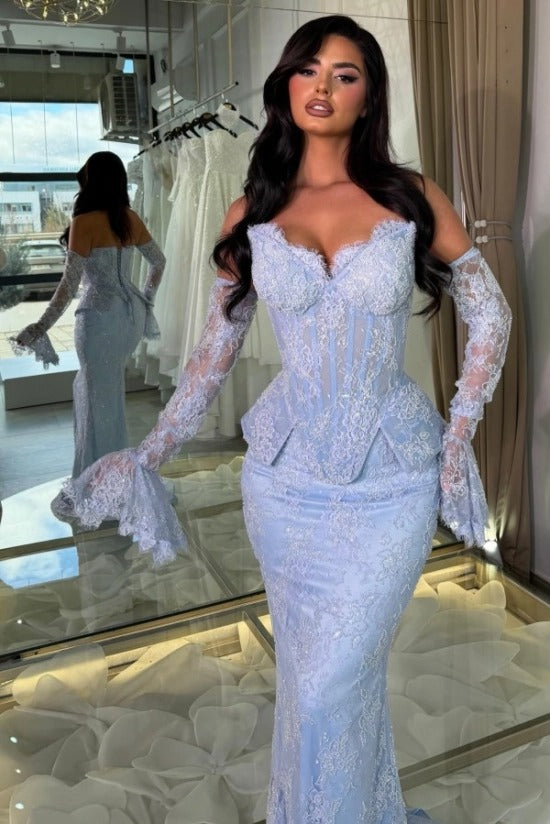 Ice Blue Lace Sequin Off-the-Shoulder Mermaid Evening Dress Peplum Waist Long Sleeve Gloves Formal Gown with Train