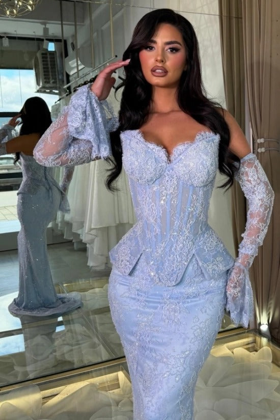 Ice Blue Lace Sequin Off-the-Shoulder Mermaid Evening Dress Peplum Waist Long Sleeve Gloves Formal Gown with Train