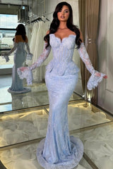 Ice Blue Lace Sequin Off-the-Shoulder Mermaid Evening Dress Peplum Waist Long Sleeve Gloves Formal Gown with Train