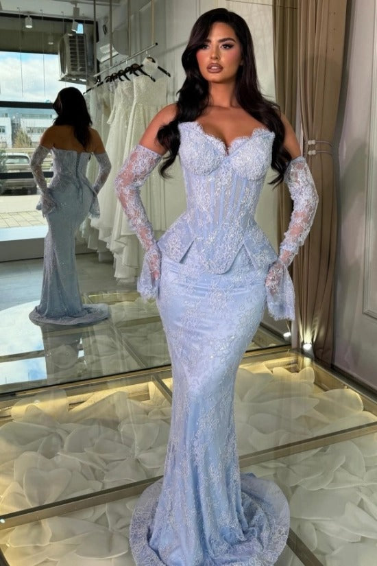 Ice Blue Lace Sequin Off-the-Shoulder Mermaid Evening Dress Peplum Waist Long Sleeve Gloves Formal Gown with Train