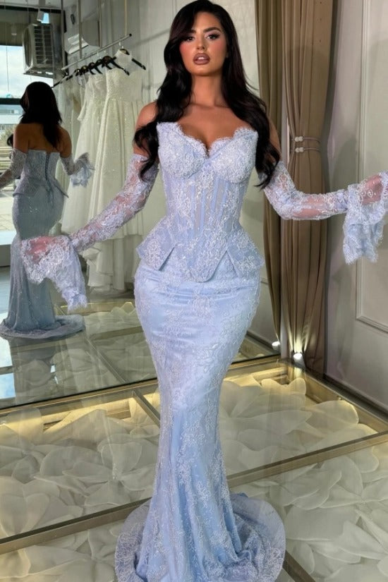 Ice Blue Lace Sequin Off-the-Shoulder Mermaid Evening Dress Peplum Waist Long Sleeve Gloves Formal Gown with Train
