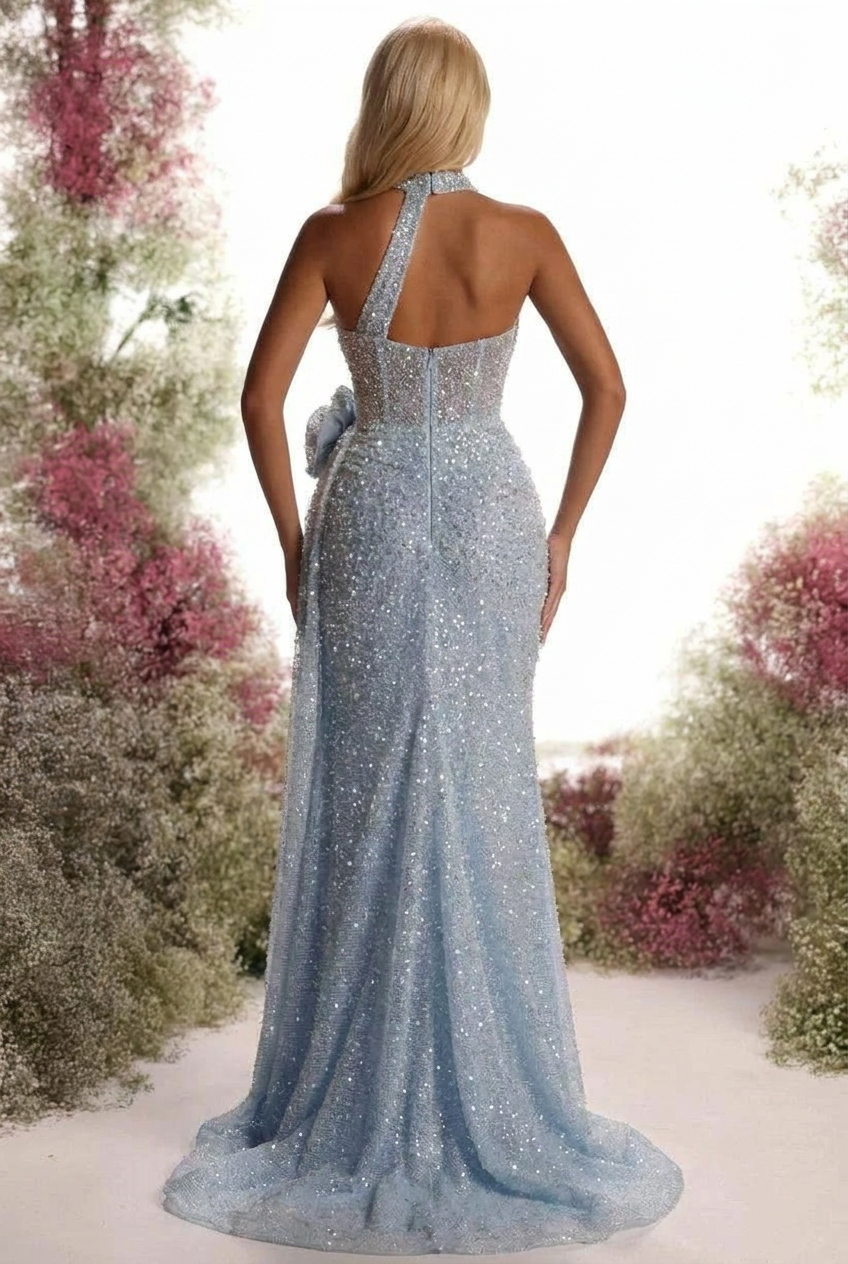 Ice Blue Sequin Mermaid Evening Dress Halter Neck 3D Floral Waist Open Back High Slit Sweep Train