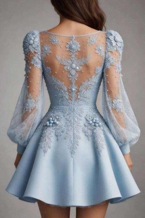 Illusion Bateau Neck Puff Sleeve Scatter Pearl 3D Floral Lace Embroidery Bodice Fit-and-Flare Mini Cocktail Dress Baby Blue