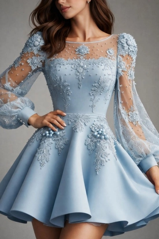 Illusion Bateau Neck Puff Sleeve Scatter Pearl 3D Floral Lace Embroidery Bodice Fit-and-Flare Mini Cocktail Dress Baby Blue