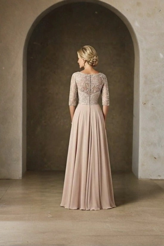 Illusion Bateau Neck Silver Floral Vine Lace Bodice Three-Quarter Sleeve Button Back Ruched Waist Chiffon A-Line Mother of the Bride Dress