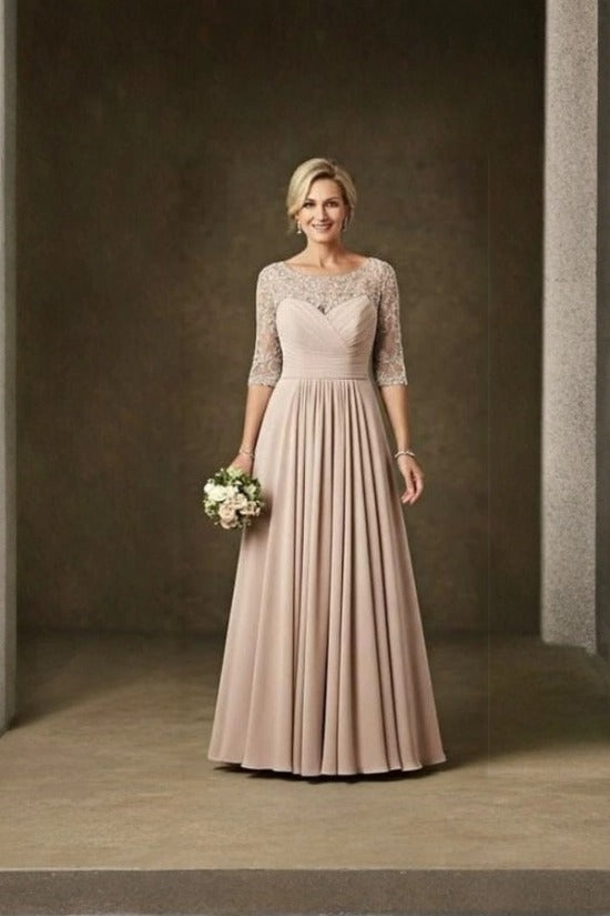 Illusion Bateau Neck Silver Floral Vine Lace Bodice Three-Quarter Sleeve Button Back Ruched Waist Chiffon A-Line Mother of the Bride Dress
