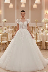 Illusion Cap Sleeve 3D Floral Lace Corset Ball Gown Wedding Dress Crystal Button V-Back Cathedral Train