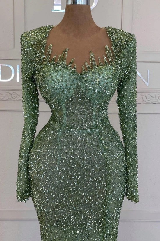Illusion Sweetheart Crystal Flame Spike Structured Square Shoulder Long Sleeve All-Over Dense Sequin Crystal Mermaid Evening Dress Front Slit