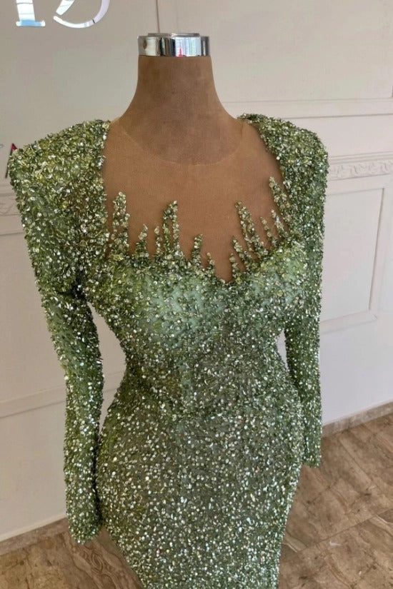 Illusion Sweetheart Crystal Flame Spike Structured Square Shoulder Long Sleeve All-Over Dense Sequin Crystal Mermaid Evening Dress Front Slit