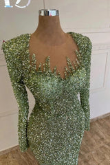 Illusion Sweetheart Crystal Flame Spike Structured Square Shoulder Long Sleeve All-Over Dense Sequin Crystal Mermaid Evening Dress Front Slit