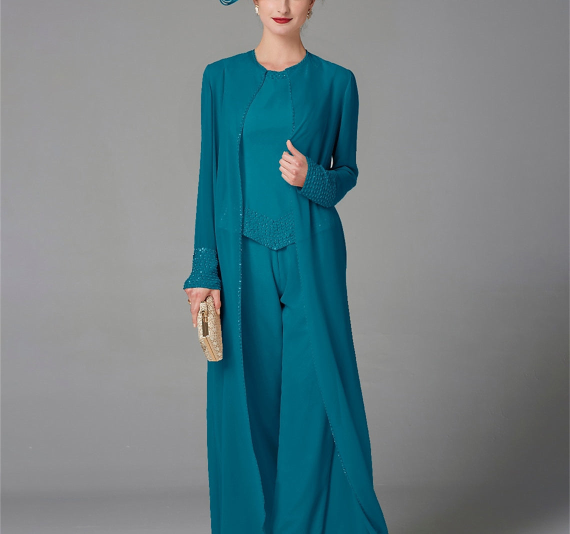 Chiffon Long Sleeves Mother Of The Bride Pantsuits With Jacket Sequins