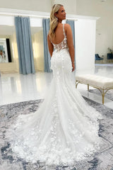 Ivory 3D Floral Lace Mermaid Wedding Dress Sweetheart Illusion Beaded Bodice Wide Straps Open U-Back Chapel Train Bridal Gown