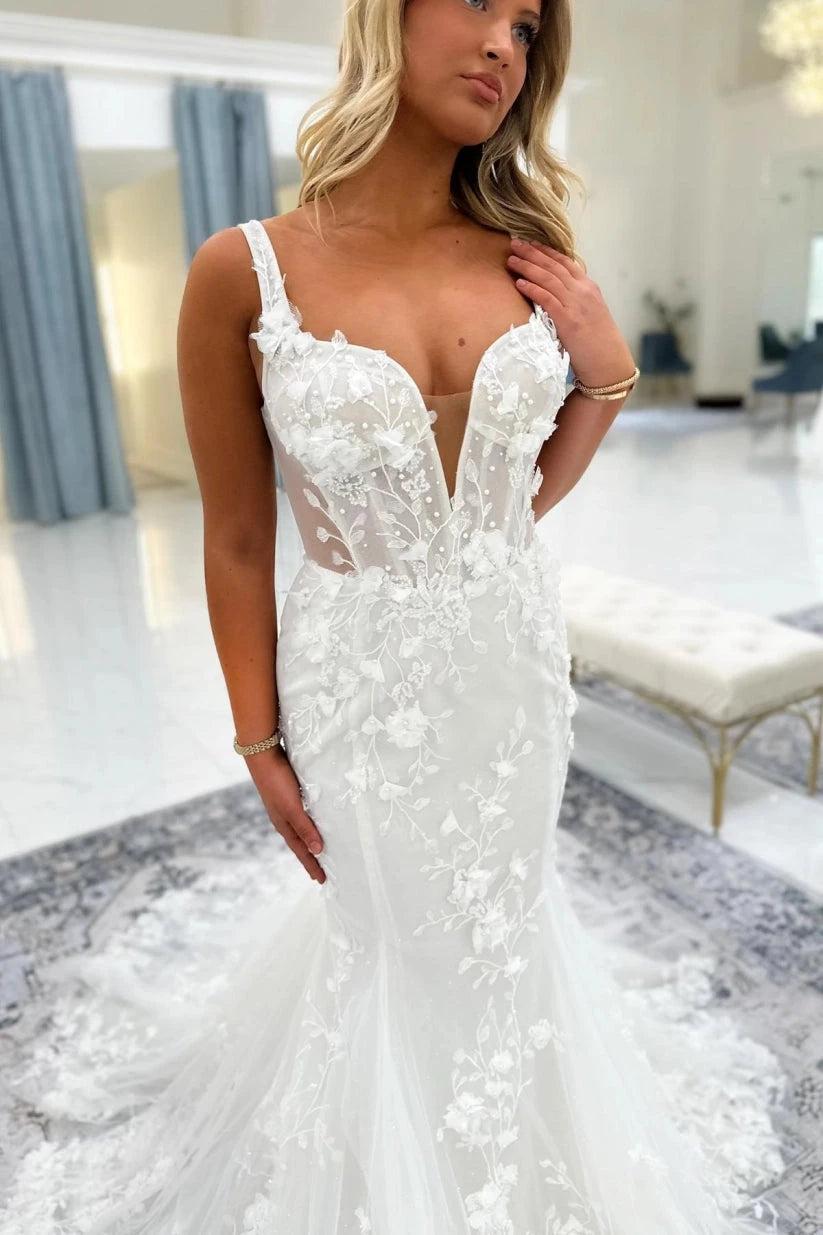 Ivory 3D Floral Lace Mermaid Wedding Dress Sweetheart Illusion Beaded Bodice Wide Straps Open U-Back Chapel Train Bridal Gown