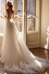 Ivory A-Line Wedding Dress Deep V Neck Wide Strap 3D Floral Beaded Bodice Tulle High Slit Romantic Bridal Gown with Cathedral Train
