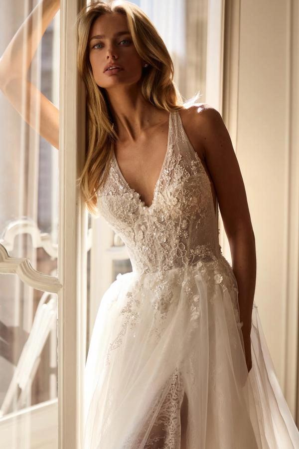 beaded bodice tulle wedding dress Long Beaded A Line Wedding Gown The Dress Outlet
