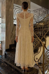 Ivory A-Line Wedding Dress High Neck Pearl Button Long Sheer Lace Sleeves Ruffle Cuff Allover Lace Victorian Modest Bridal Gown